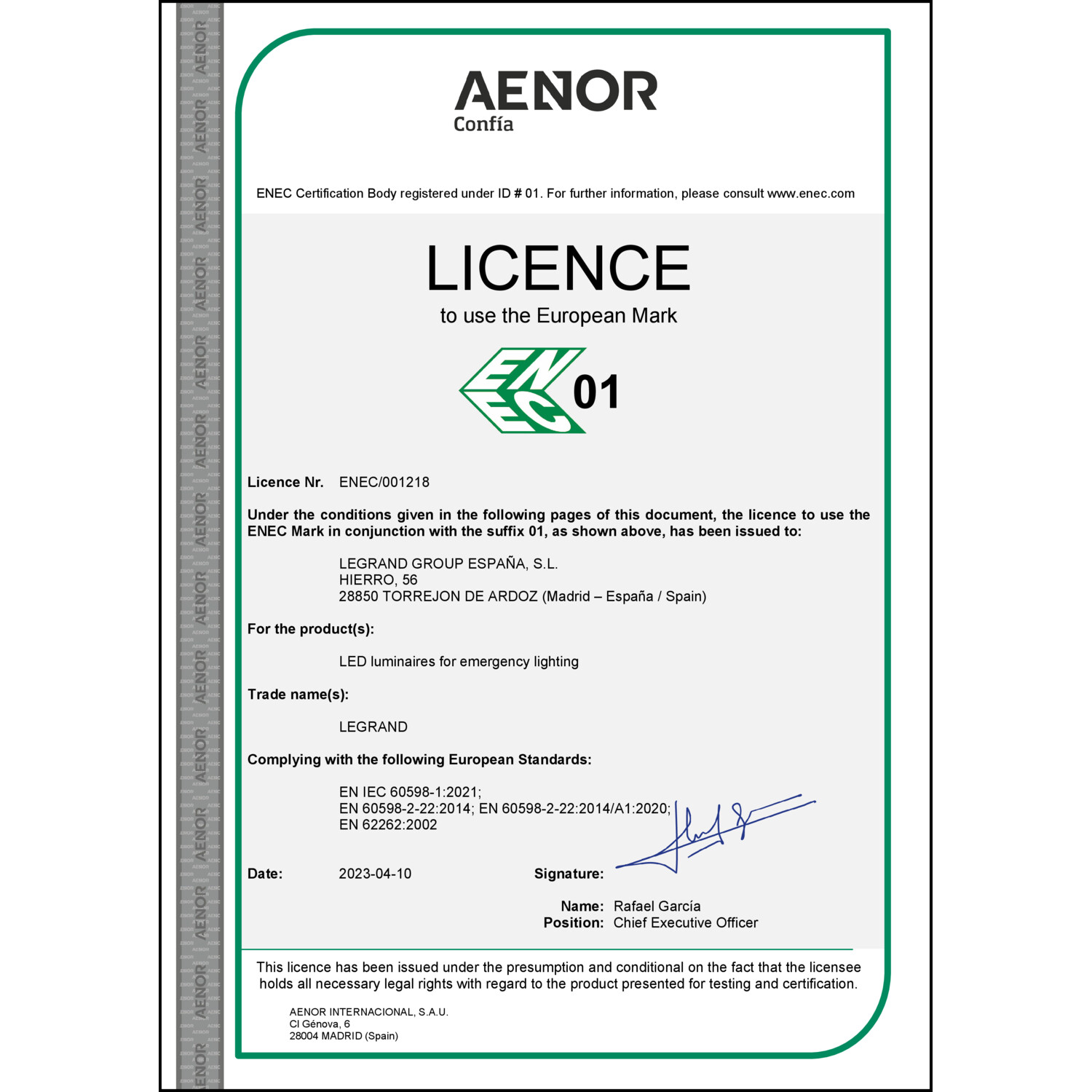 CoC-Erklärung (Certificate of Conformity, benötigt für CPR)