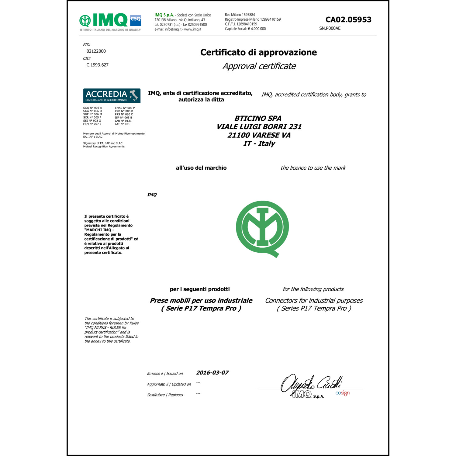 CoC-Erklärung (Certificate of Conformity, benötigt für CPR)