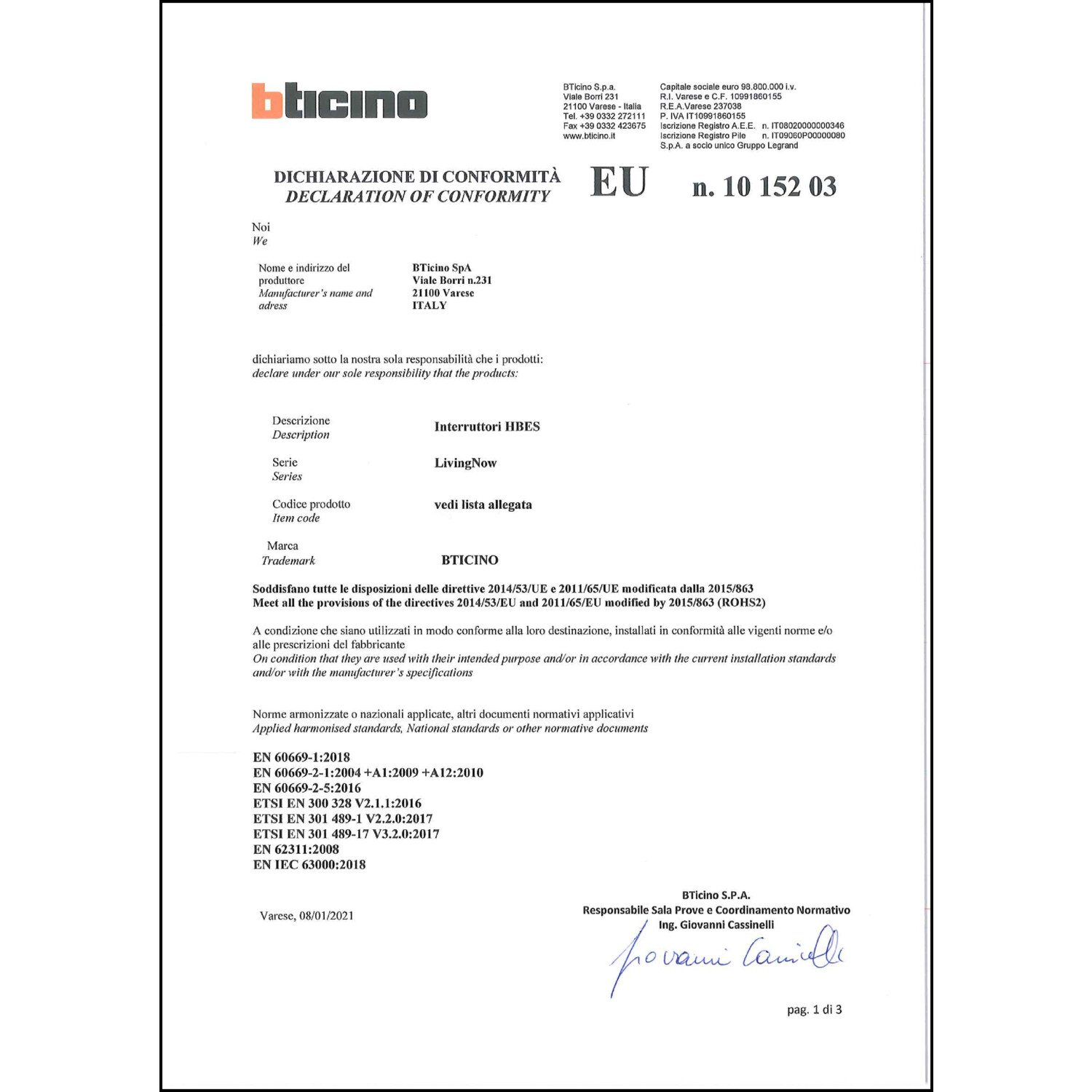 CoC-Erklärung (Certificate of Conformity, benötigt für CPR)