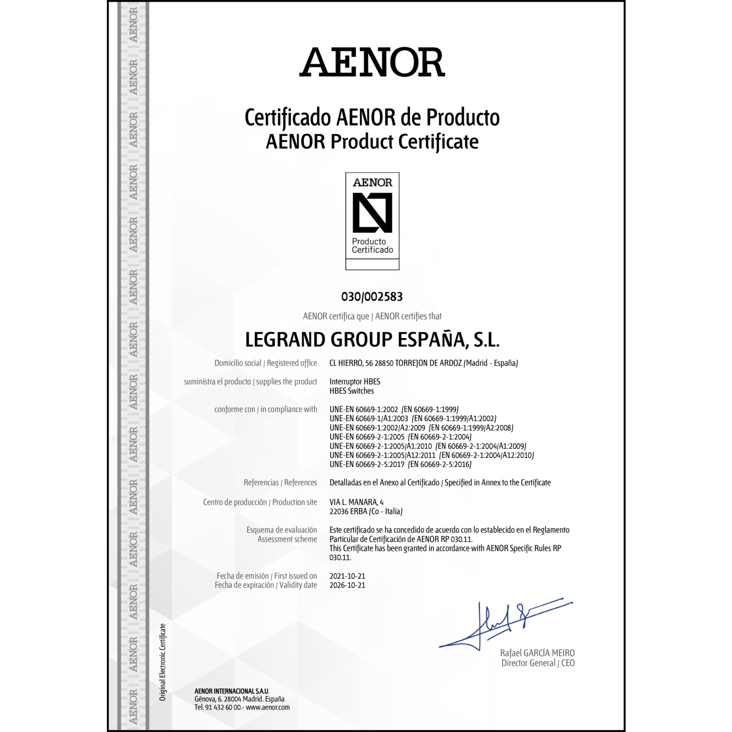 CoC-Erklärung (Certificate of Conformity, benötigt für CPR)