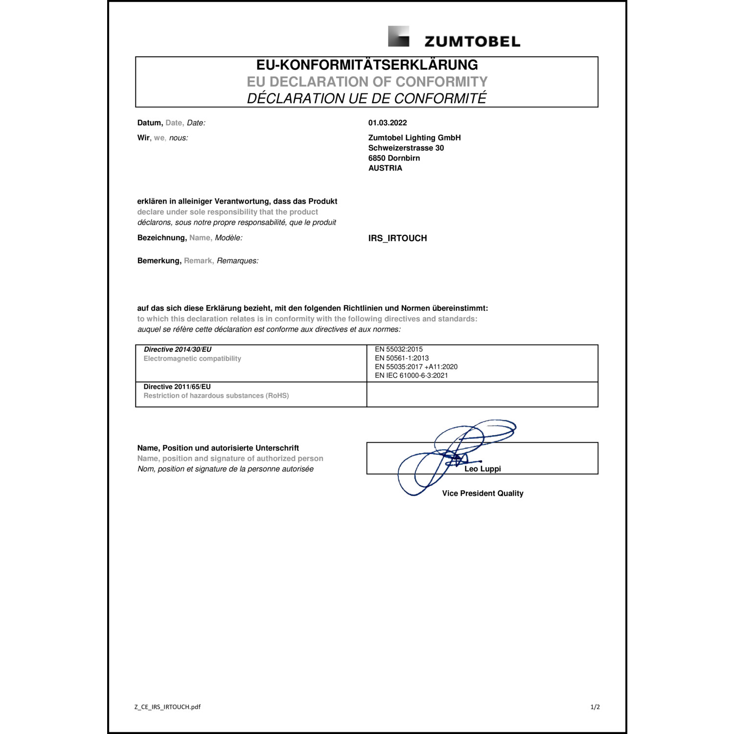 DOC CE-Erklärung (Declaration of conformity CE)