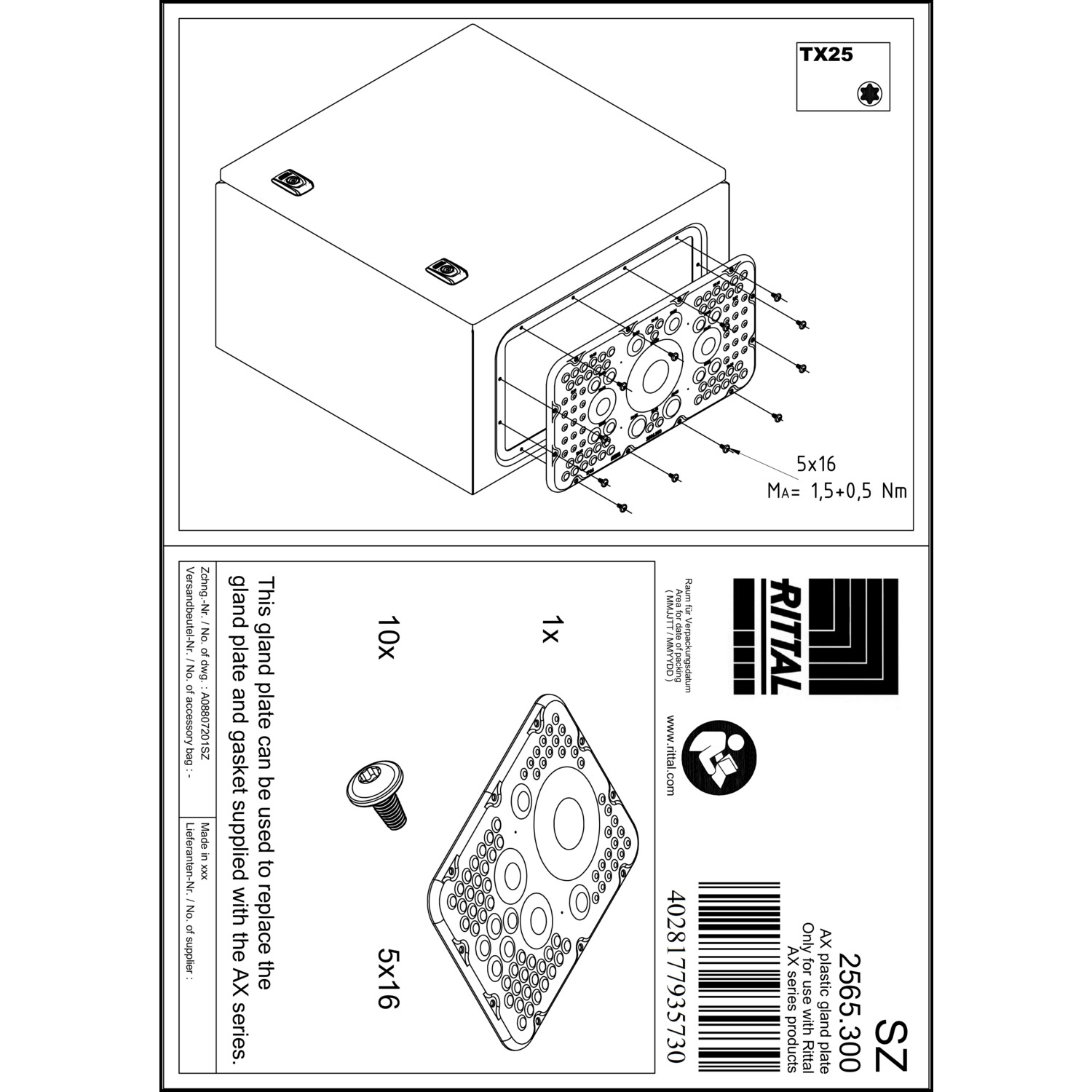 2565300 Rittal SZ Kunststoff Flanschplatten, für AX, mit Membranen