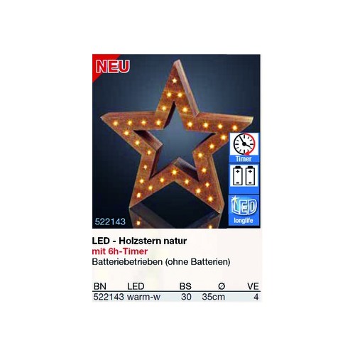 522143 Hellum LED Holzstern natur 6h-Timer, ohne Batterien, ø35cm Produktbild Front View L