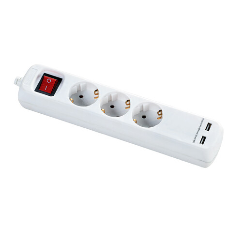 S23067 Skyland Tischverteiler 3-fach ws +2 USB Ports H05VV-F 1,4m 3x1,5mm² Produktbild Front View L