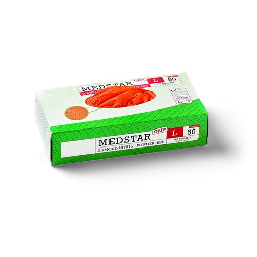 49153 Medstar Einweghandschuh orange 50 Grip Gr. L/9 1 Box (50 Paar=100 STK) Produktbild