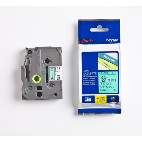 TZE721 Brother Beschriftungsband 9mm Band grün Schrift schwarz Produktbild Front View L