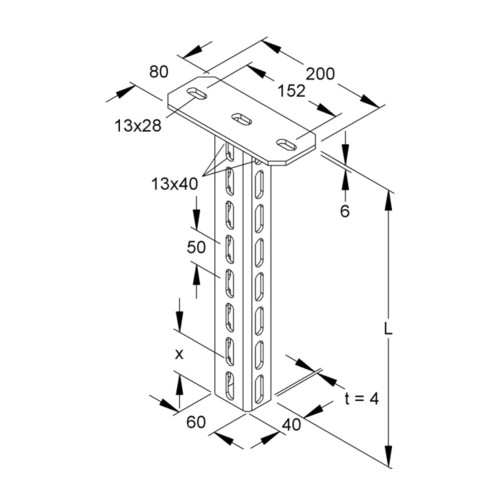 891511 NIEDAX  HU 6040/700 Hängestiel U-Profil 60x40x700mm Produktbild Front View L