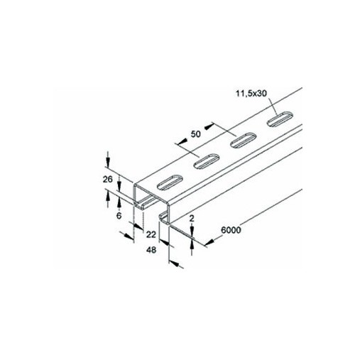 046232 Niedax 2992/6 E5L Ankerschiene, C Profil SW 22 mm, 48x26x6000 mm, t=2,0 m Produktbild Front View L