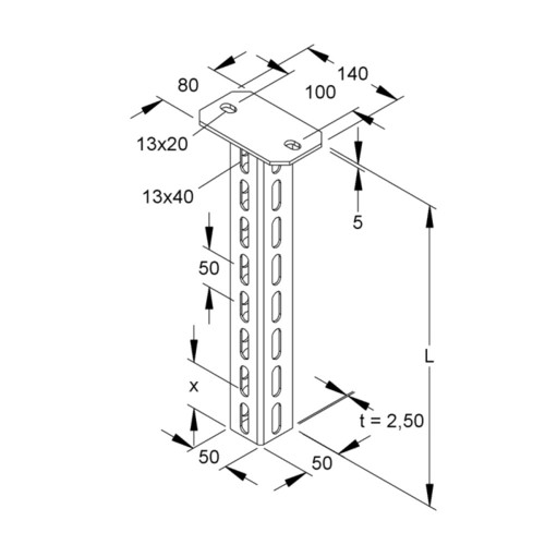 858781 Niedax HU 5050/500 Hängestiel, U Profil, 50x50x500 mm Produktbild Front View L