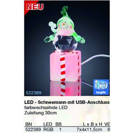 522389 Hellum Schneemann mit USB Anschluss H:11,5cm LED RGB Produktbild
