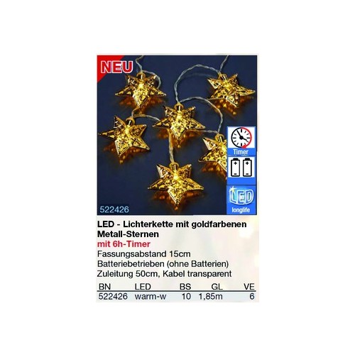 522426 Hellum Lichterkette mit goldenen Metallsternen 10 LED ww batteriebetr. Produktbild Front View L