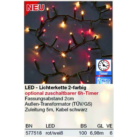 577518 Hellum Lichterkette 100 LED, 50 rot und 50 weiss, Timer aussen Produktbild front M