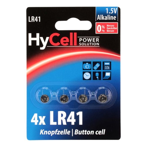 1516-0025 HyCell Alkaline Knopfzellen LR41 / LR736 / AG3 4er Blister Produktbild Front View L