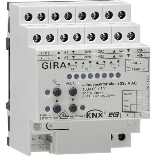 103900 GIRA KNX JALOUSIEAKTOR 4-FACH 230V AC REG 4TE M. HB Produktbild Front View L