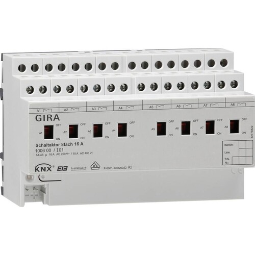 100600 GIRA SCHALTAKTOR 8FACH 16 A KNX/EIB REG Produktbild Front View L