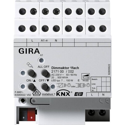 217100 GIRA KNX/EIB DIMMAKTOR 1FACH 20-500 W/VA REG PLUS Produktbild Front View L