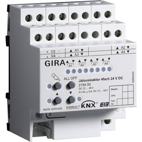 215400 GIRA KNX/EIB JALOUSIEAKTOR 4FACH 24 VDC M. HANDBETÄTIGUNG REG PLUS Produktbild Front View L