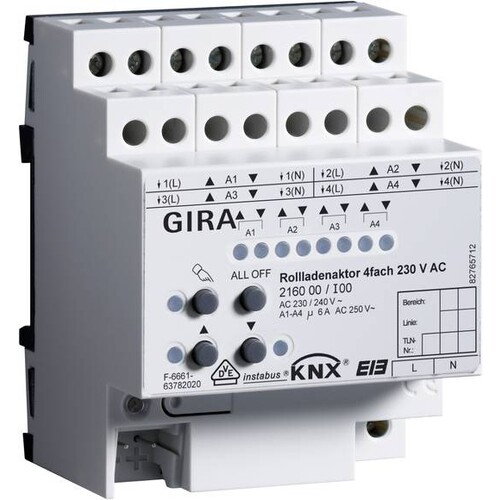 216000 GIRA KNX/EIB ROLLLADENAKTOR 4FACH 230V M. HANDBETÄTIGUNG REG PLUS Produktbild Front View L