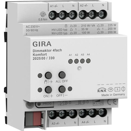 202500 Gira KNX Dimmaktor 4-fach Komfort 4 x 225 W/VA Produktbild Front View L