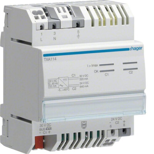 TXA114 Hager Spg. Versorg 1Ausg,1Dr.320mA+24VDC 640mA Produktbild