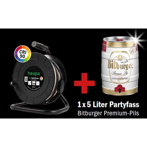 130364/Z1 Haupa HUPlightStripe 15 Aktion + 5 Liter Partyfass Bitburger Produktbild Front View L