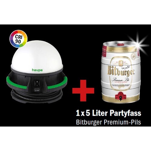 130360/Z1 Haupa LED Kuppelleuchte 50W + 5 Liter Partyfass Bitburger Produktbild Front View L