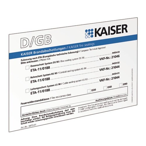 9473-91 KAISER Schott-Kennzeichnungs- schild Brandschutz deutsch/eng./franz.. Produktbild Front View L