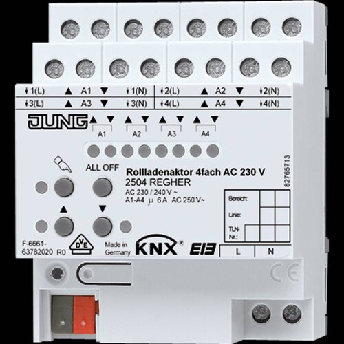 2504REGHER Jung KNX Rollladenaktor 4fach 230V 4TE Produktbild Front View L