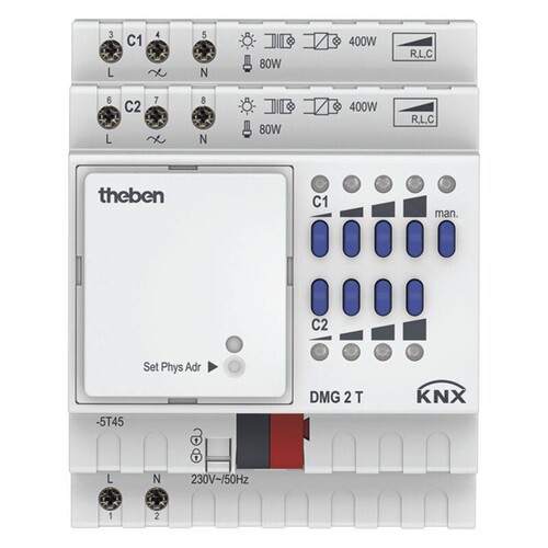 4930270 Theben THEBEN KNX DMG2T Universaldimmaktor 2fach Grundgerät REG Produktbild Front View L