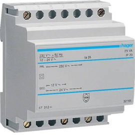 ST312 HAGER Sicherheitstrafo 230V/12+24V 25VA 4PLE Produktbild