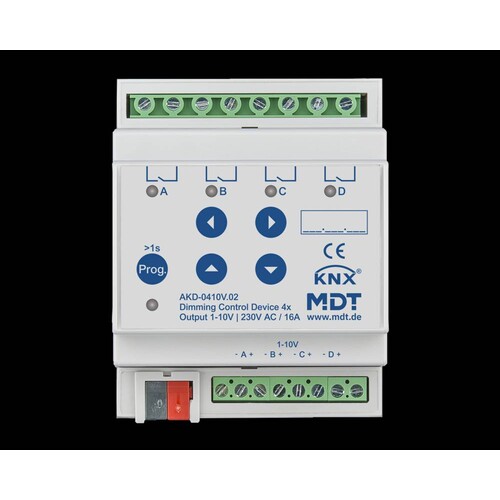 AKD-0410V.02 MDT KNX Dimmaktor 4-fach 4TE REG 1-10V m.RGBW-Funktionalität Produktbild Front View L