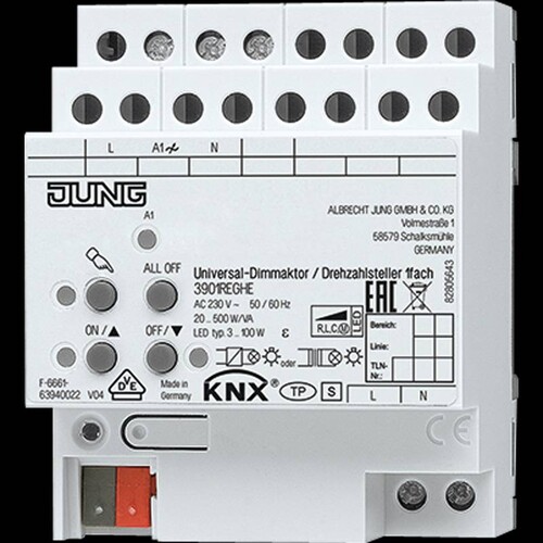 3901REGHE Jung KNX Universal-Dimmaktor/Drehzahlst.1fach Produktbild Front View L