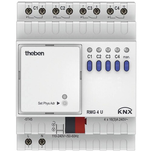 T4930223 Theben KNX MIX 2 Schaltaktor 4fach 16A REG RMG4UKNX Produktbild Front View L