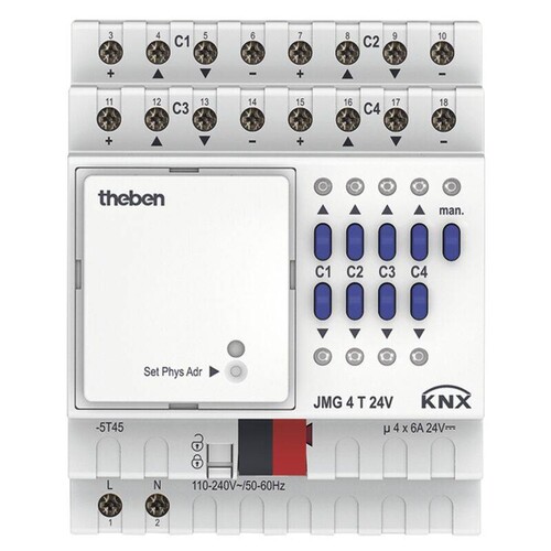 T4930260 Theben KNX MIX 2 Jalousieaktor 4fach 24V DC REG JMG4T24VKNX Produktbild Front View L