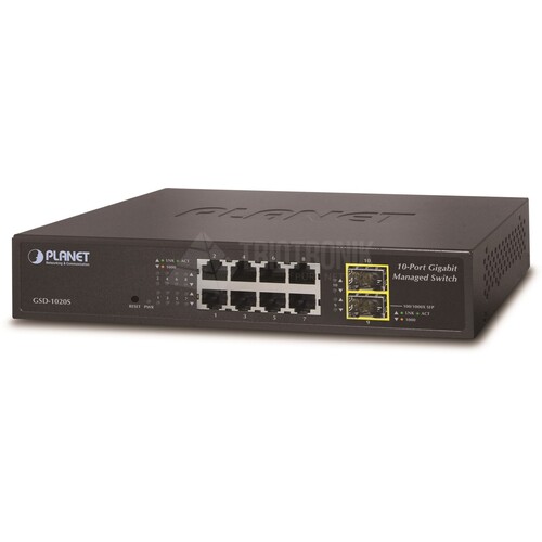 GSD-1020S Planet 8-Port 10/100/1000Mbps+ 2-Port SFP Managed Ethernet Switch Produktbild Front View L