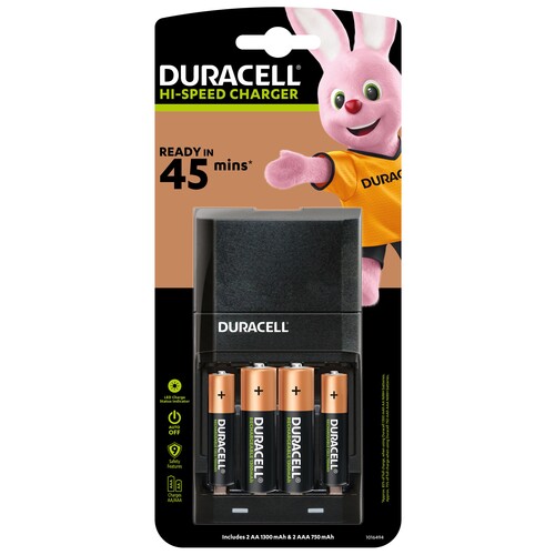 5000394036529 Duracell 45 Min. Hi Speed Ladegerät mit 2AA Akkus 1.300 mAh + 2 A Produktbild Front View L