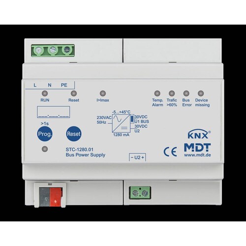 STC-1280.01 MDT KNX Spannungsversorgung mit Diagnosefunktion 8TE REG 1280/1900mA Produktbild Front View L
