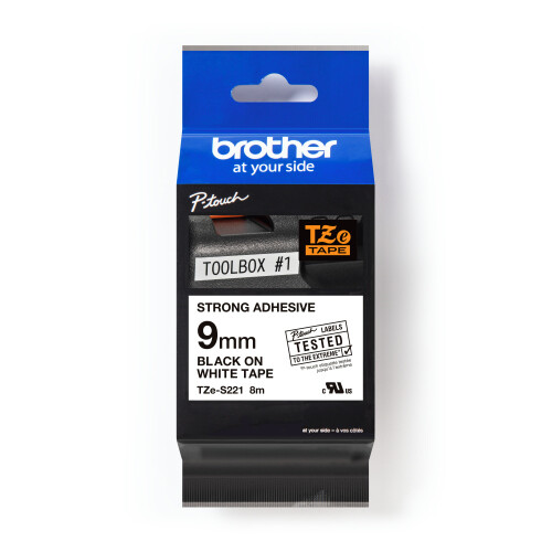 TZeS221 Brother Pro-Tape Schriftband 8m 9mm BAND WEISS SCHRIFT SCHWARZ Produktbild Front View L