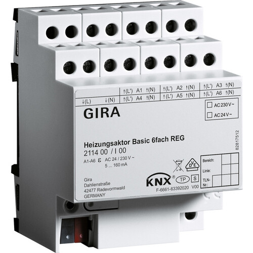 211400 Gira Heizungsaktor 6f basic KNX REG Produktbild Front View L