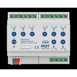 AKS-0816.03 MDT Schaltaktor 8-Fach 6TE, REG, 16A, 230VAC, C Last, Standard Produktbild