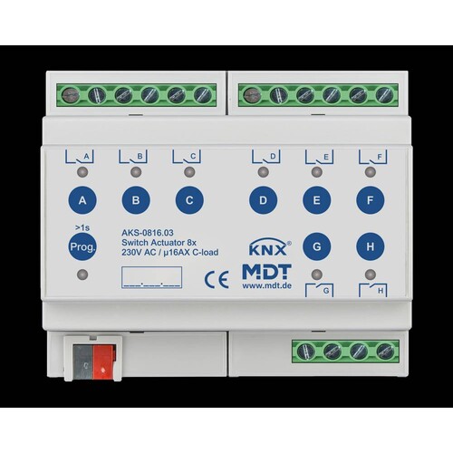 AKS-0816.03 MDT Schaltaktor 8-Fach 6TE, REG, 16A, 230VAC, C Last, Standard Produktbild Front View L