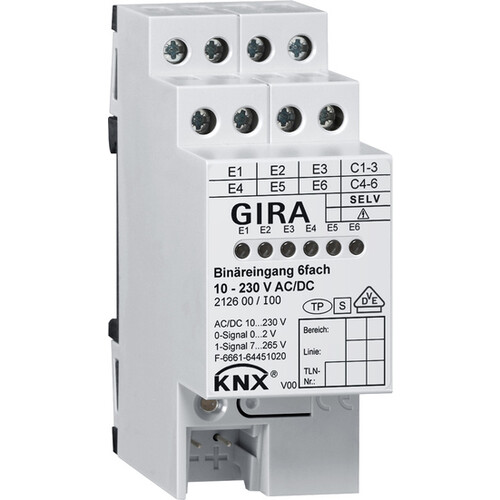 212600 Gira KNX Binäreingang 6fach 10-230V  AC/DC 2TE Produktbild Front View L