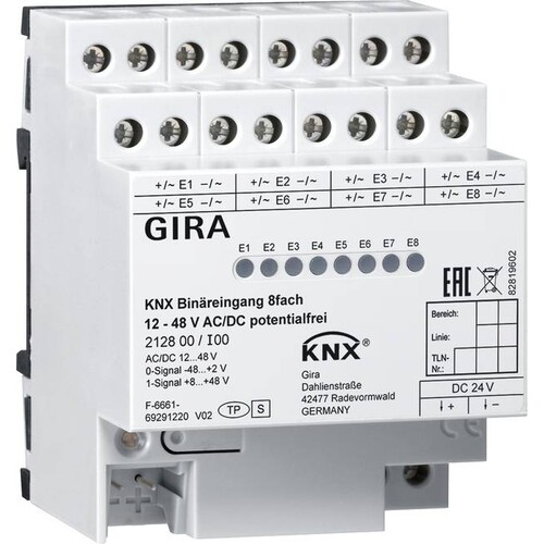 212800 Gira KNX Binäreingang 8fach 12-48 V AC/DC/potentialfrei 4TE Produktbild Front View L
