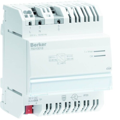 75010018 Berker KNX Spannungsversorgung 640mA REG 4TE Produktbild Front View L