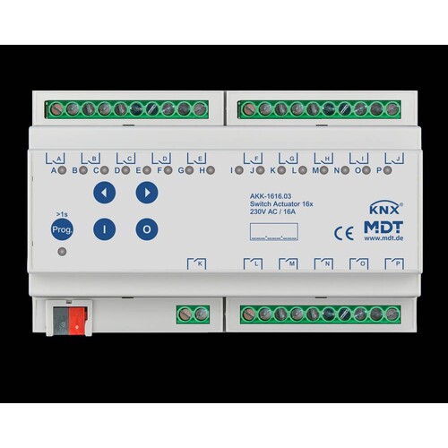 AKK-1616.03 MDT Schaltaktor 16-fach 8TE 230VAC 16A ohmsche Last Produktbild Front View L