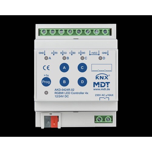 AKD-0424R.02 MDT LED Controller, RGBW, 4 fach, 4TE, REG Produktbild Front View L