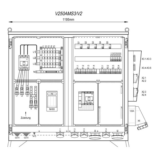 V250AMS3/V2 Mehler Baustromverteiler B1195xH1090xT300mm 6 Schuko,4 CEE 16A,4 Produktbild Front View L