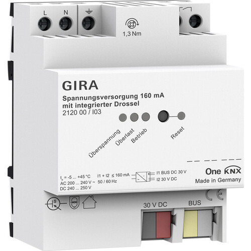 212000 Gira KNX Spannungsversorgung 160mA mit integrierter Drossel 4TE Produktbild Front View L