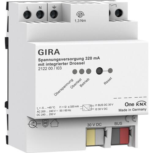 212200 Gira KNX Spannungsversorgung 320mA mit integrierter Drossel 4TE Produktbild Front View L