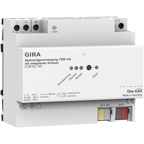 213800 Gira KNX Spannungsversorgung 1280 mA mit integrierter Drossel 6TE Produktbild Front View L